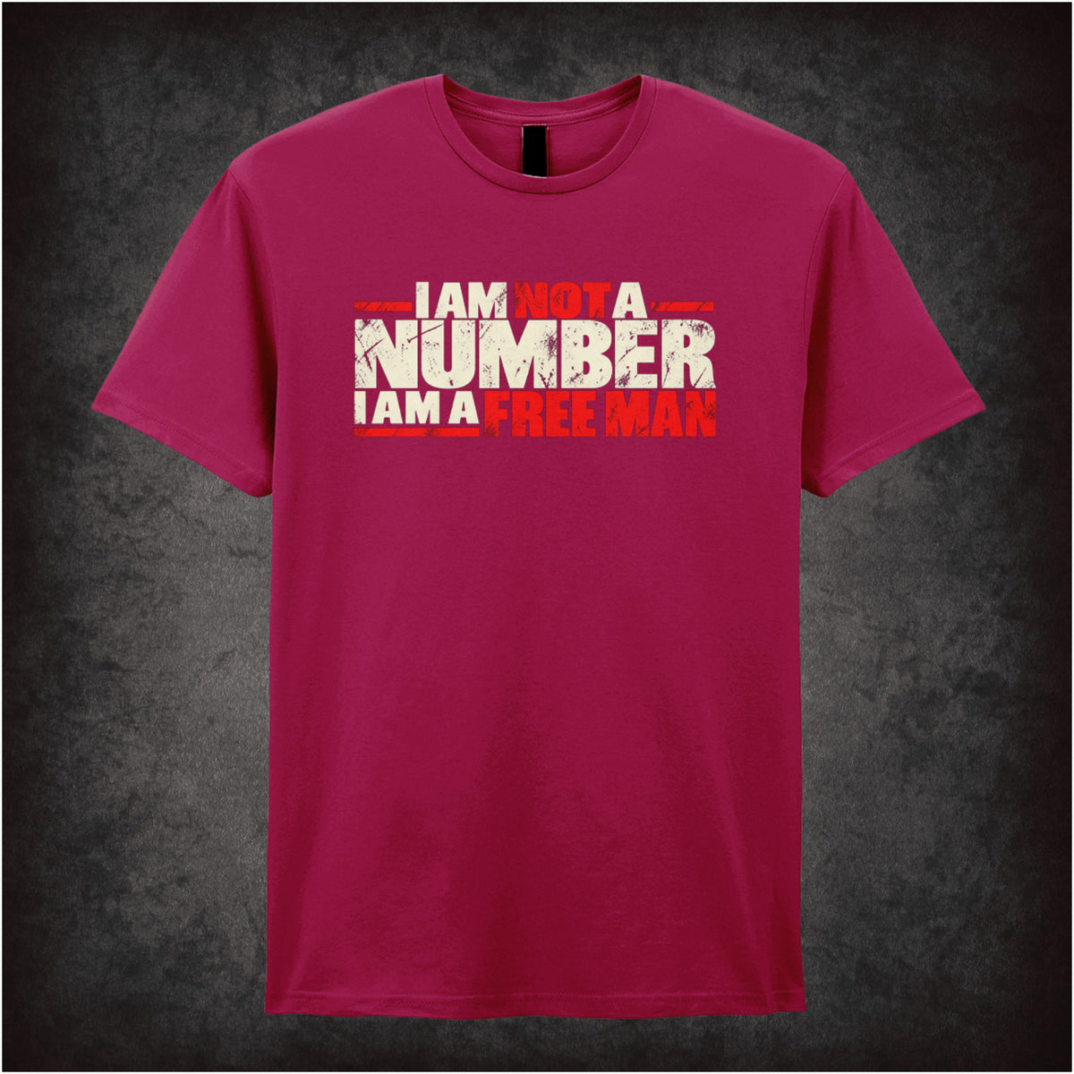 “‘I am not a number I am a free man’ T-shirt in cardinal red from The Prisoner”