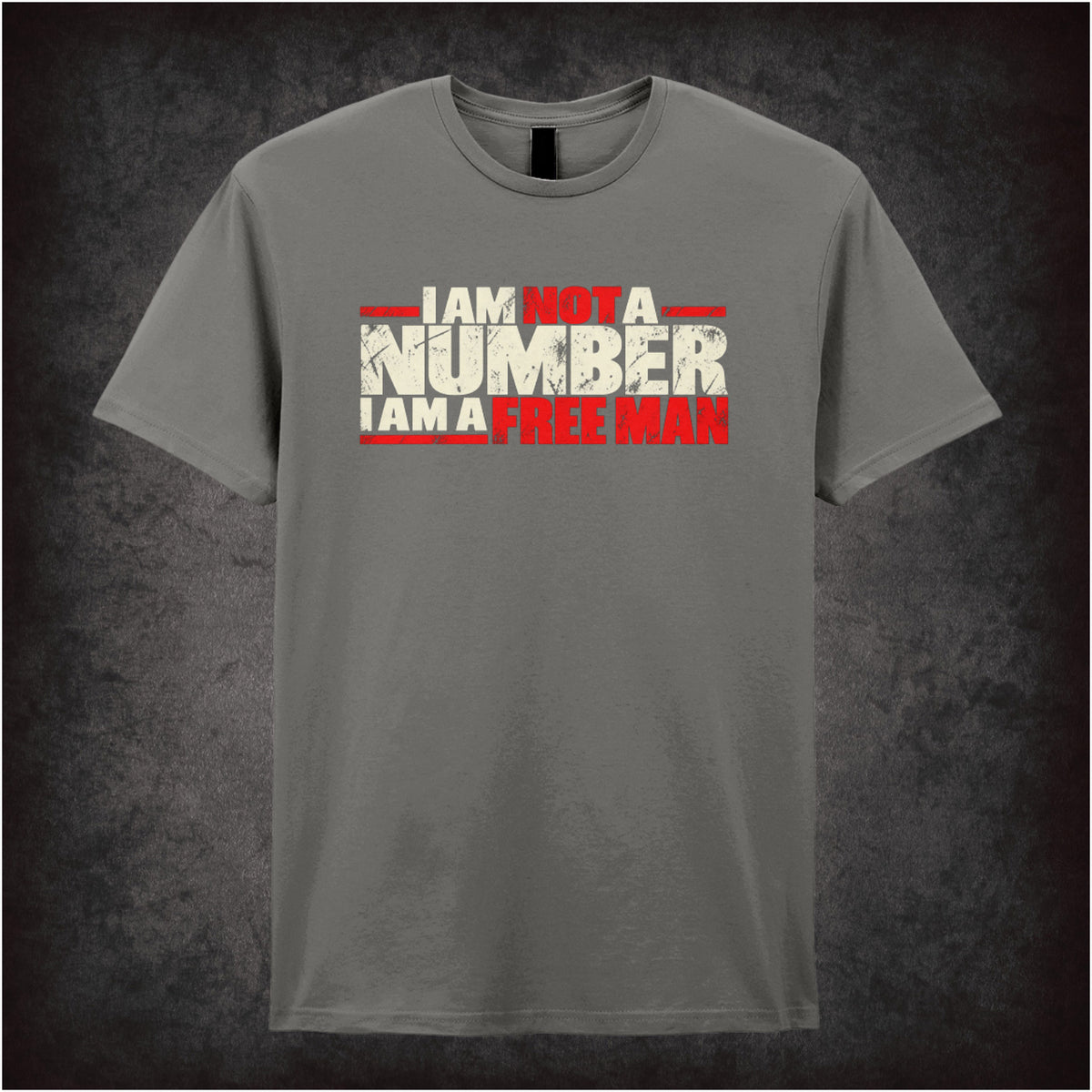 “‘I am not a number I am a free man’ T-shirt in charcoal from The Prisoner”