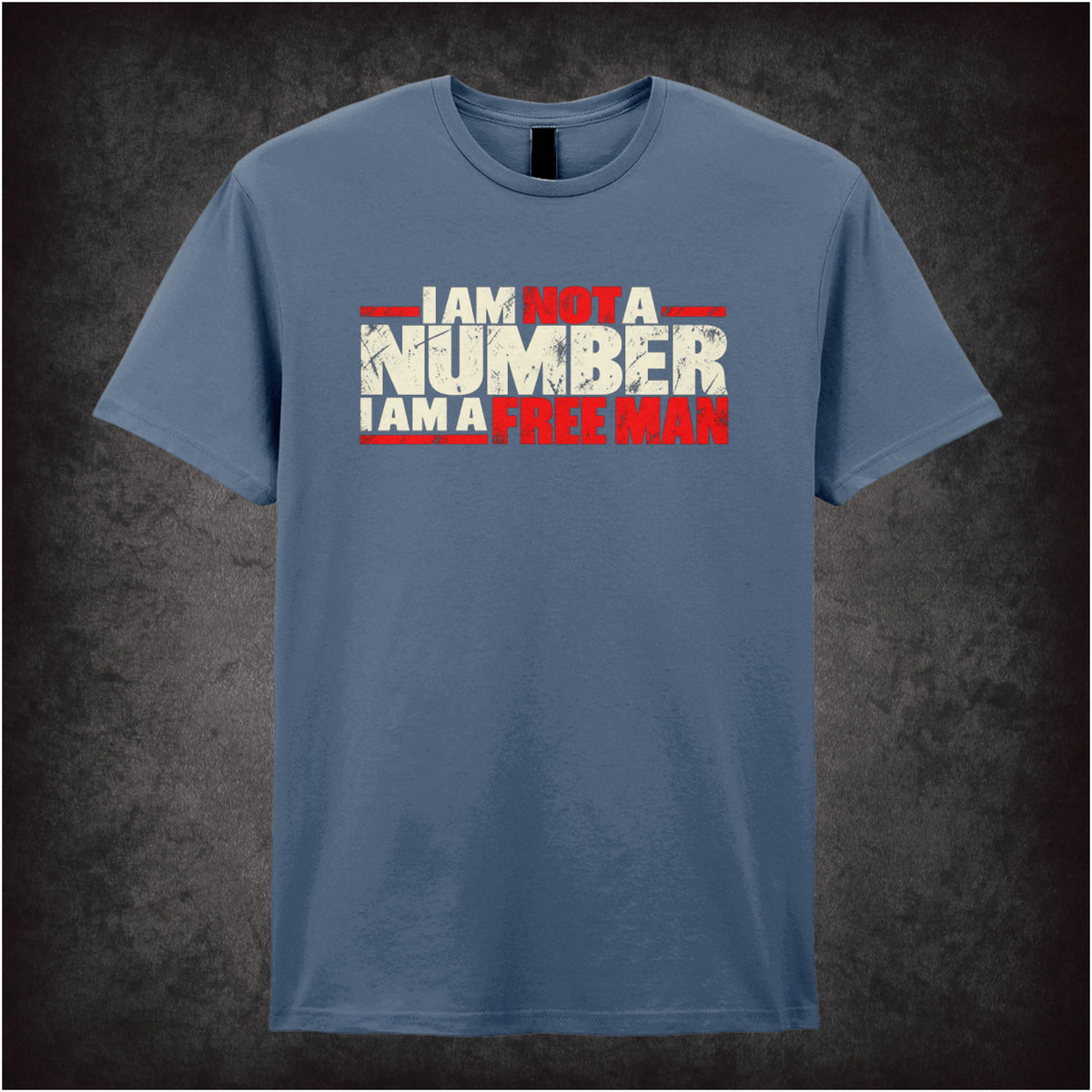 “‘I am not a number I am a free man’ T-shirt in indigo from The Prisoner”