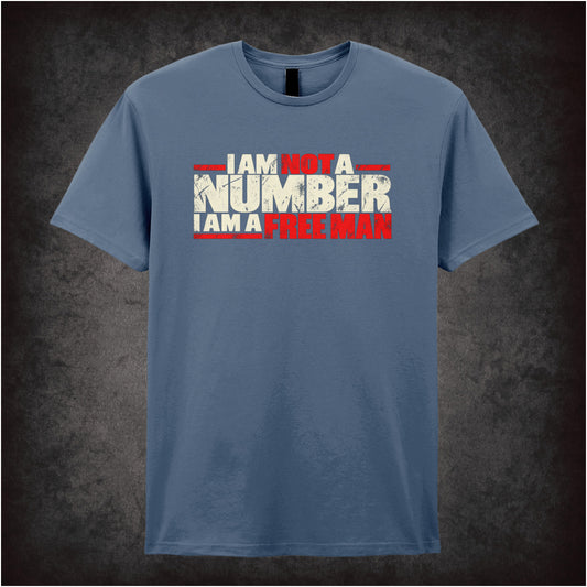 “‘I am not a number I am a free man’ T-shirt in indigo from The Prisoner”