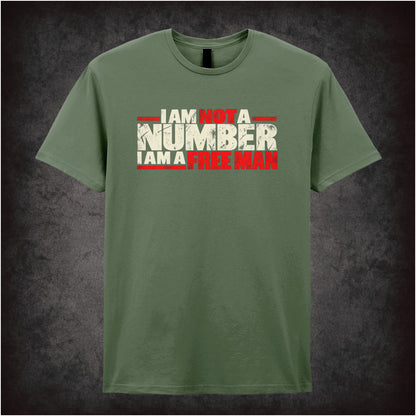 “‘I am not a number I am a free man’ T-shirt in military green from The Prisoner”