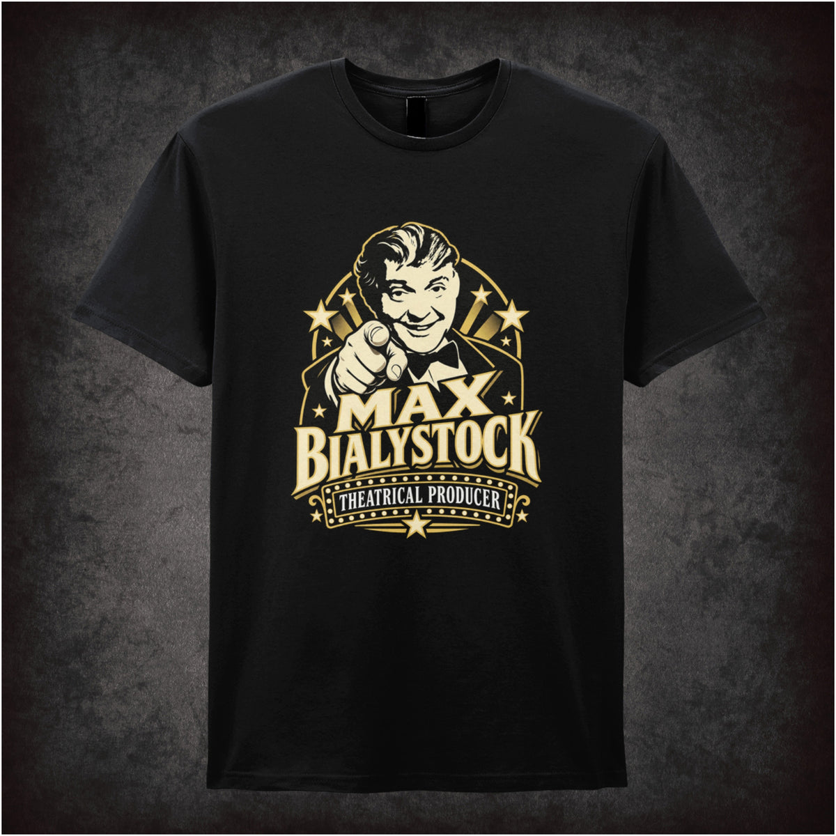 Max Bialystock theatrical producer T-shirt in black from The Producers