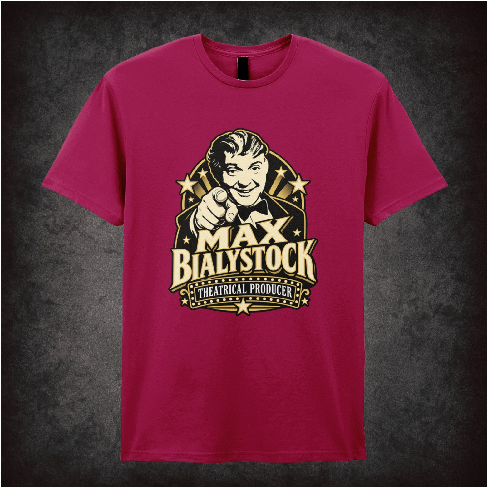 Max Bialystock theatrical producer T-shirt in cardinal red from The Producers