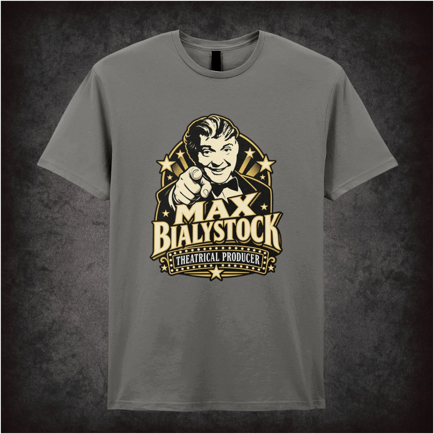 Max Bialystock theatrical producer T-shirt in charcoal from The Producers