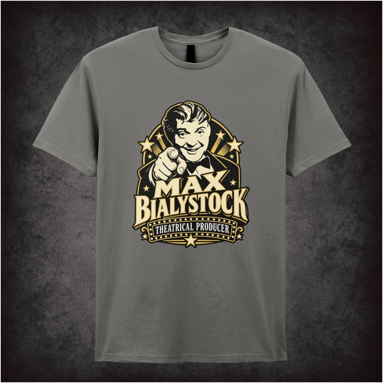 Max Bialystock theatrical producer T-shirt in charcoal from The Producers