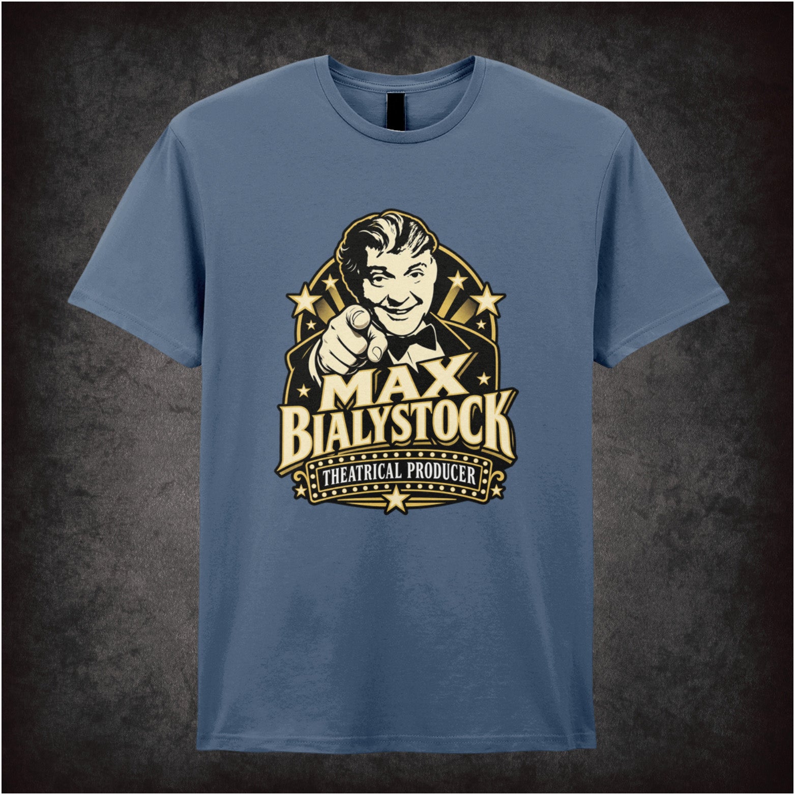 Max Bialystock theatrical producer T-shirt in indigo from The Producers