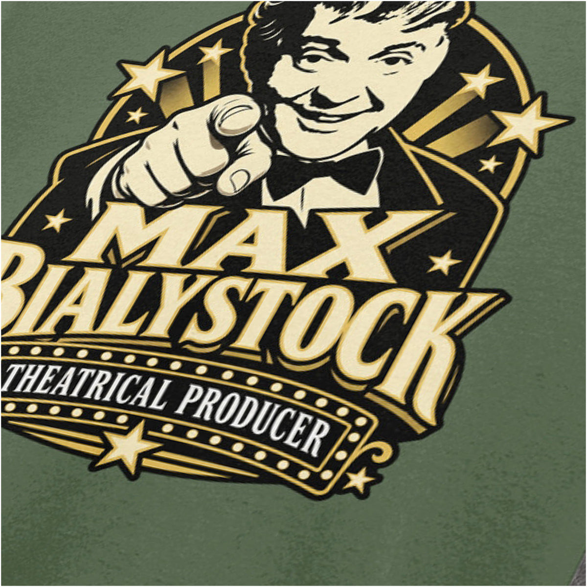 Max Bialystock theatrical producer close up T-shirt in military green from The Producers