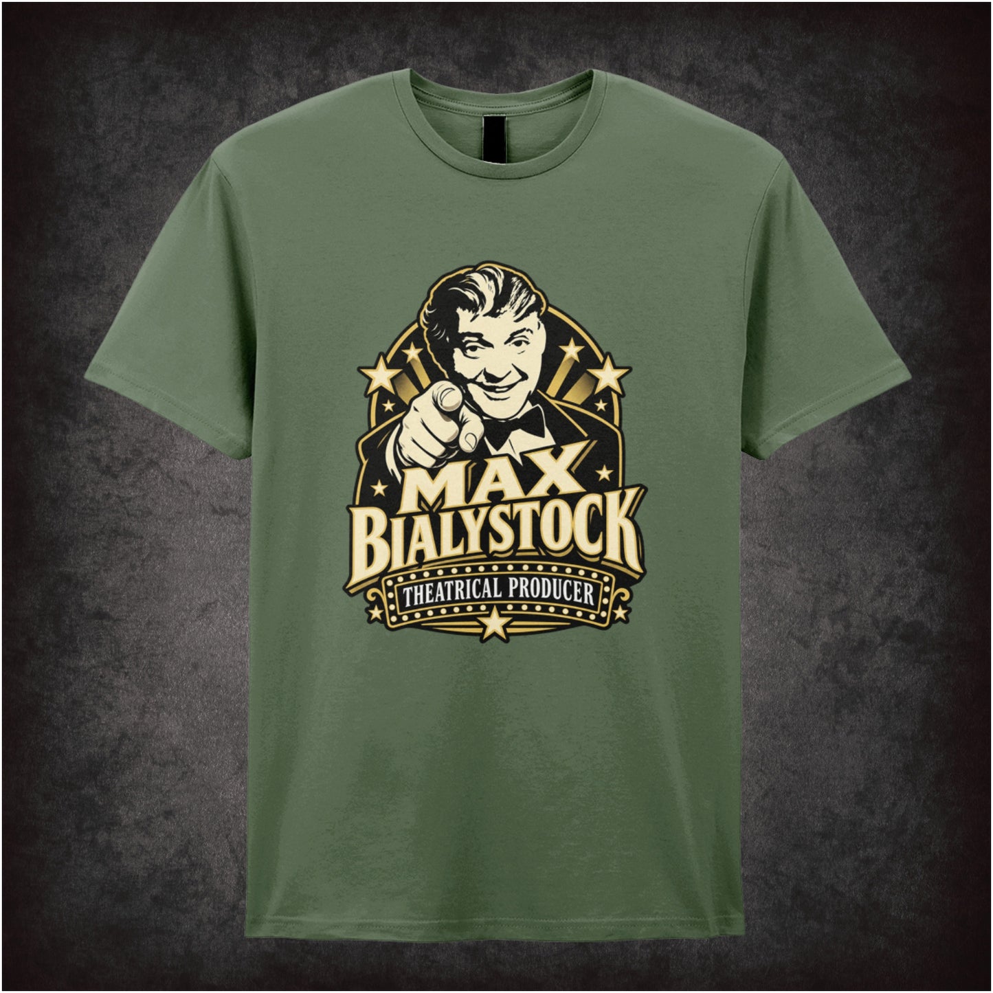 Max Bialystock theatrical producer T-shirt in military green from The Producers