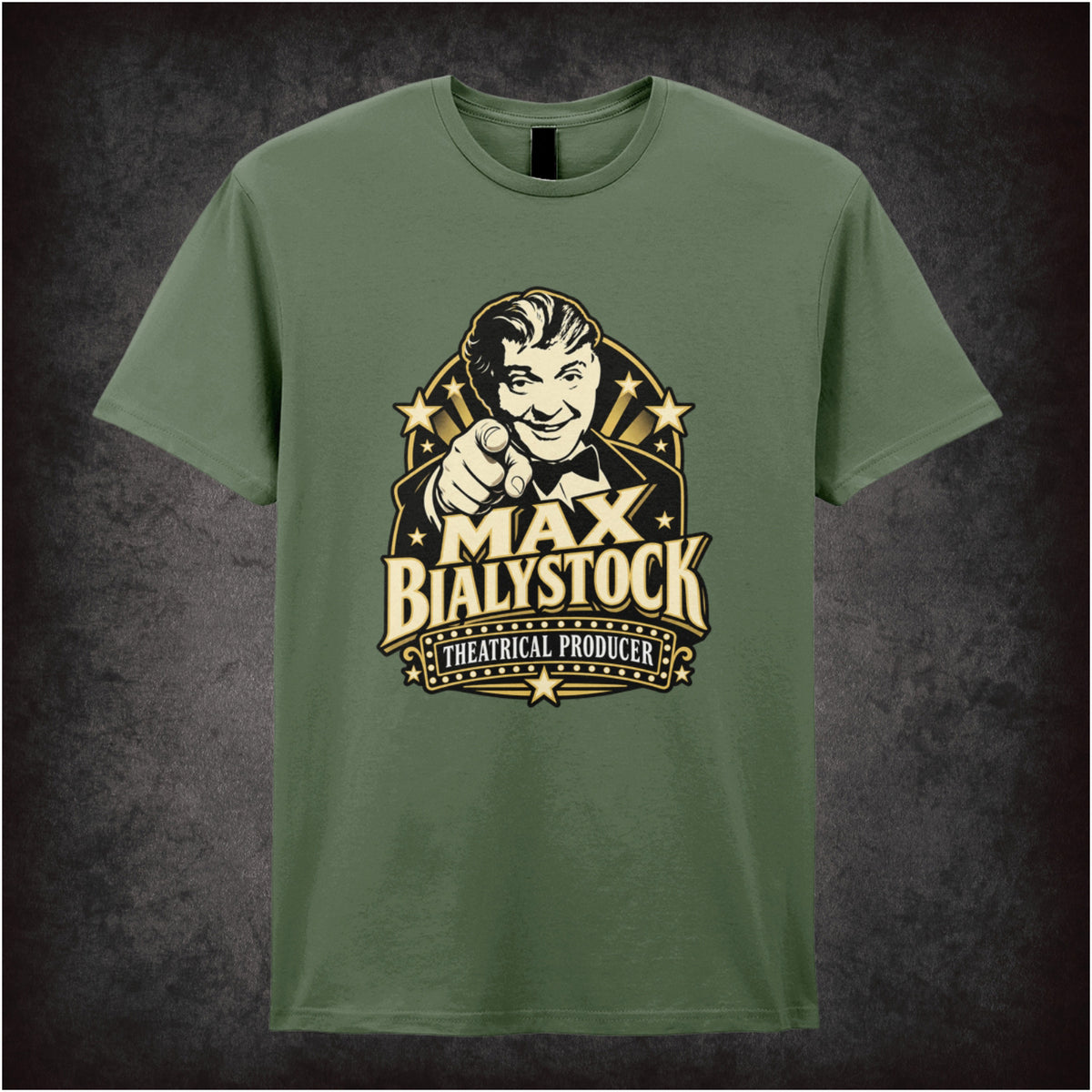 Max Bialystock theatrical producer T-shirt in military green from The Producers