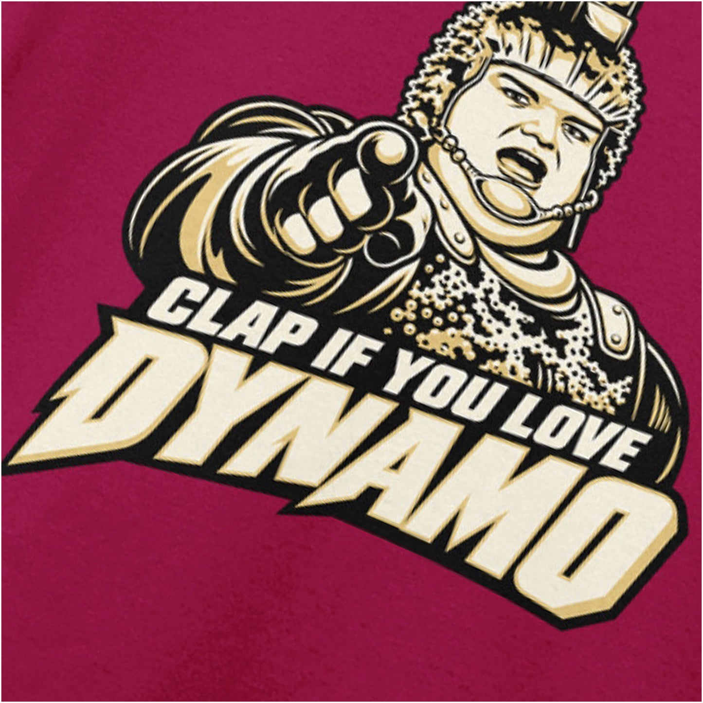 ‘Clap if you love Dynamo’ close up T-shirt in cardinal red from The Running Man
