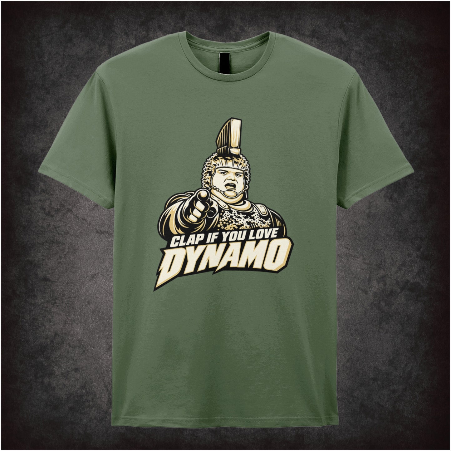‘Clap if you love Dynamo’ T-shirt in military green from The Running Man