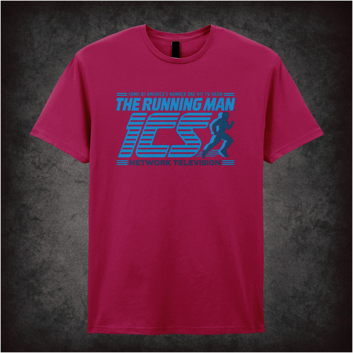 ‘ICS Network Television’ T-shirt in cardinal red from The Running Man