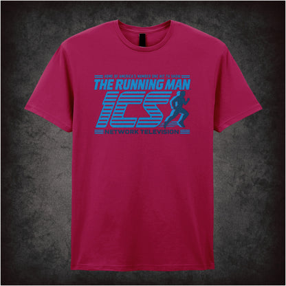 ‘ICS Network Television’ T-shirt in cardinal red from The Running Man