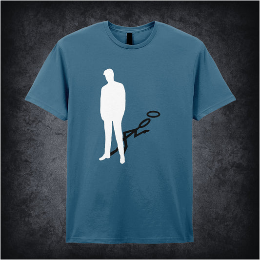 Indigo unisex t-shirt featuring a white silhouette of The Saint character with a subtle shadow effect behind it.