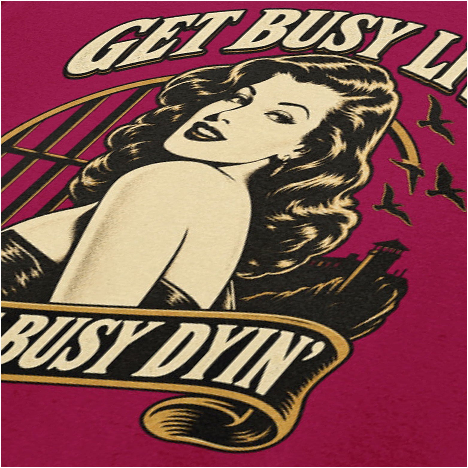 ‘Get busy livin’ or get busy dyin’’ close up T-shirt in cardinal red from The Shawshank Redemption