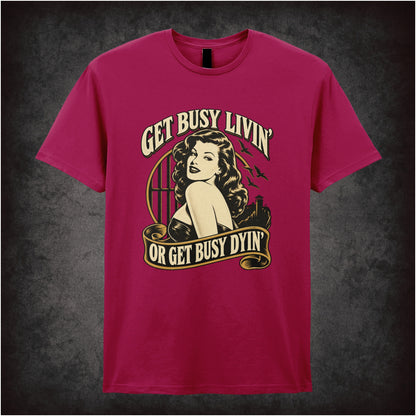‘Get busy livin’ or get busy dyin’’ T-shirt in cardinal red from The Shawshank Redemption