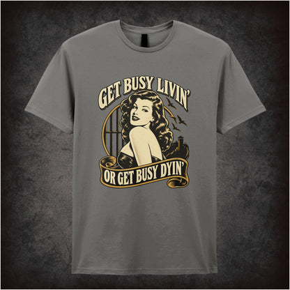‘Get busy livin’ or get busy dyin’’ T-shirt in charcoal from The Shawshank Redemption