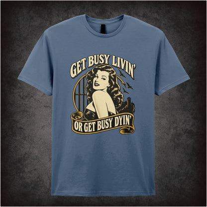‘Get busy livin’ or get busy dyin’’ T-shirt in indigo from The Shawshank Redemption