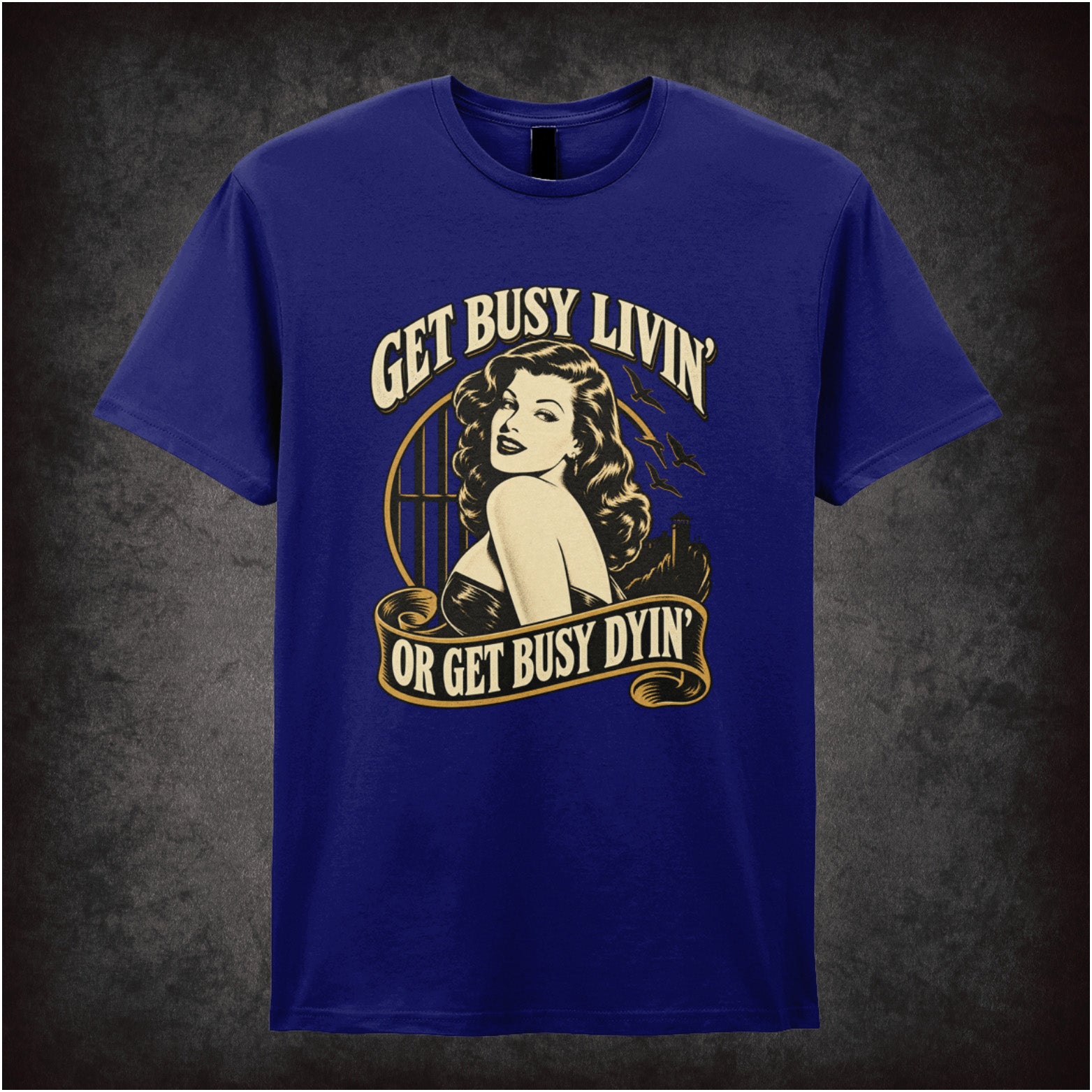 ‘Get busy livin’ or get busy dyin’’ T-shirt in navy from The Shawshank Redemption