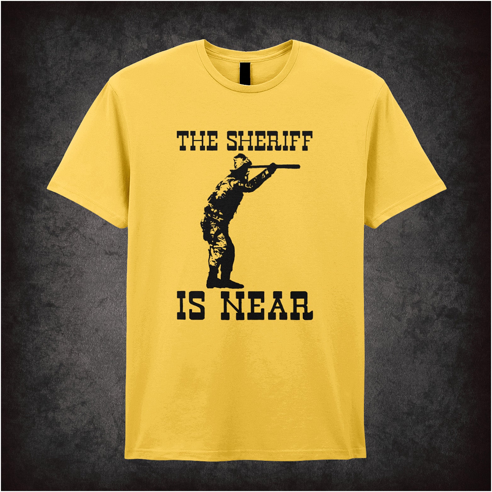 The Sheriff Is Near Blazing Saddles inspired soft style unisex daisy T-shirt featuring classic movie quote design, perfect for fans of vintage comedy films.