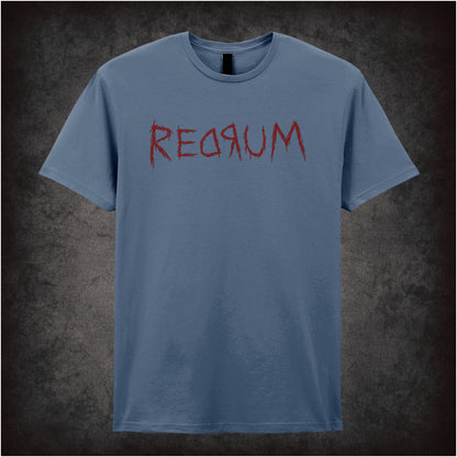 ‘Redrum’ mirror text T-shirt in indigo from The Shining