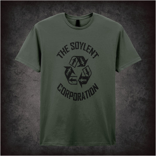 military green unisex T-shirt featuring “The Soylent Corporation” design inspired by Soylent Green, with bold, retro-futuristic typography.