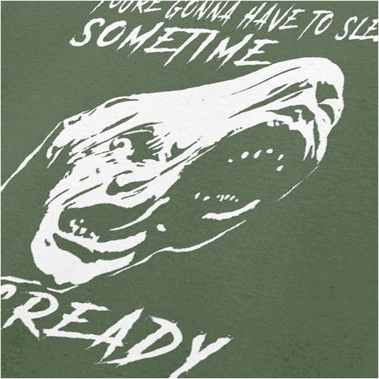 MacReady ‘You’re gonna have to sleep sometime’ creature close up T-shirt in military green from The Thing