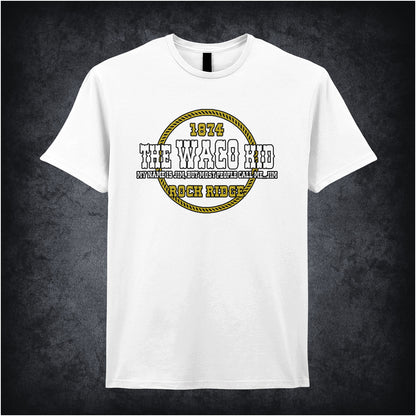 white unisex t-shirt featuring the quote “The Waco Kid – My name is Jim, but most people call me Jim – 1874 Rock Ridge” inspired by Blazing Saddles, in vintage-style lettering.