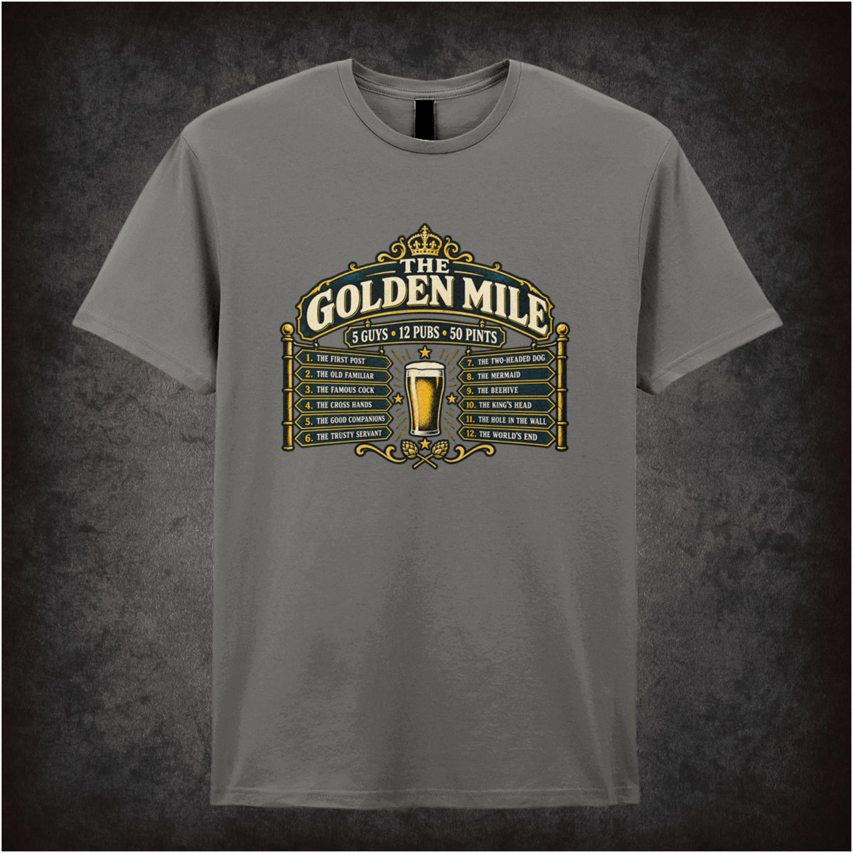 ‘The Golden Mile’ quote T-shirt in charcoal from The Worlds End