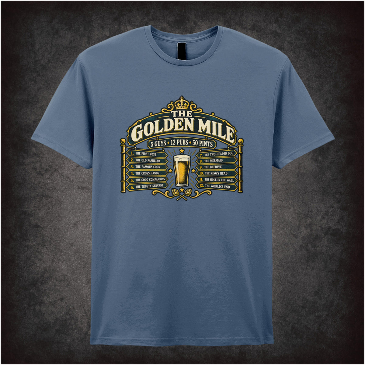 ‘The Golden Mile’ quote T-shirt in indigo from The Worlds End