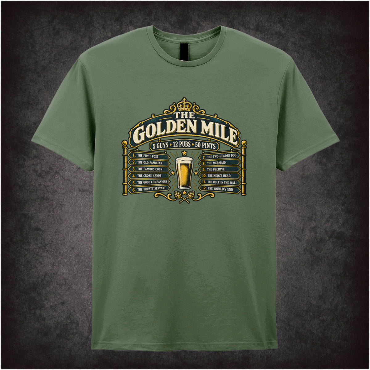 ‘The Golden Mile’ quote T-shirt in military green from The Worlds End