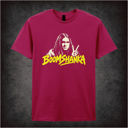 “Boomshanka” T-shirt in cardinal red from The Young Ones