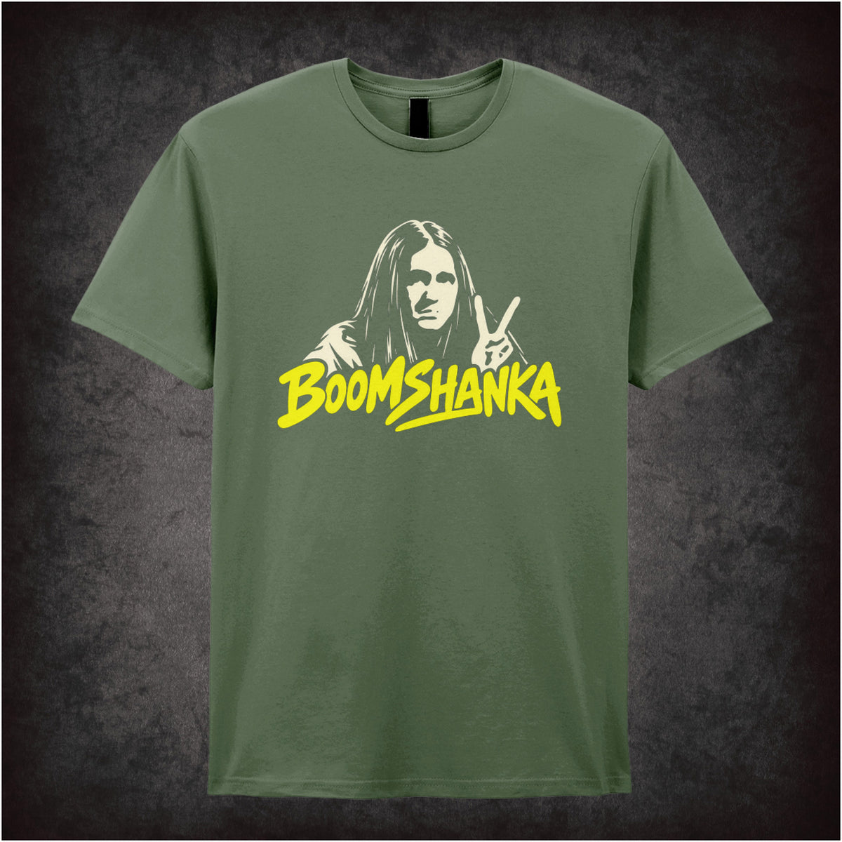 “Boomshanka” T-shirt in military green from The Young Ones