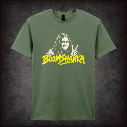 “Boomshanka” T-shirt in military green from The Young Ones