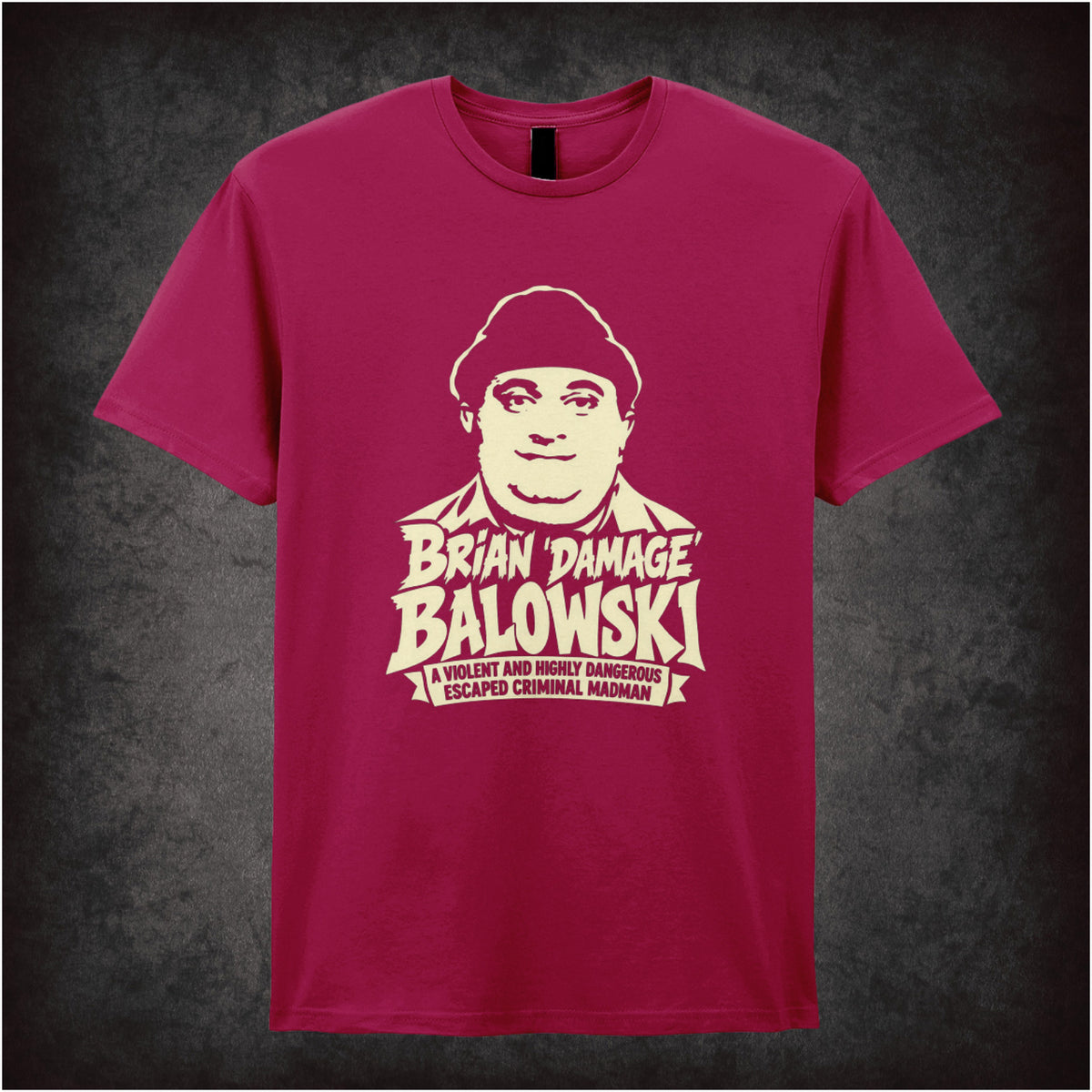 “Brian Damage Balowski” T-shirt in cardinal red from The Young Ones