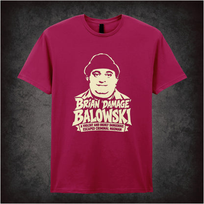 “Brian Damage Balowski” T-shirt in cardinal red from The Young Ones