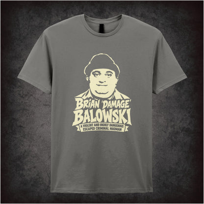 “Brian Damage Balowski” T-shirt in charcoal from The Young Ones