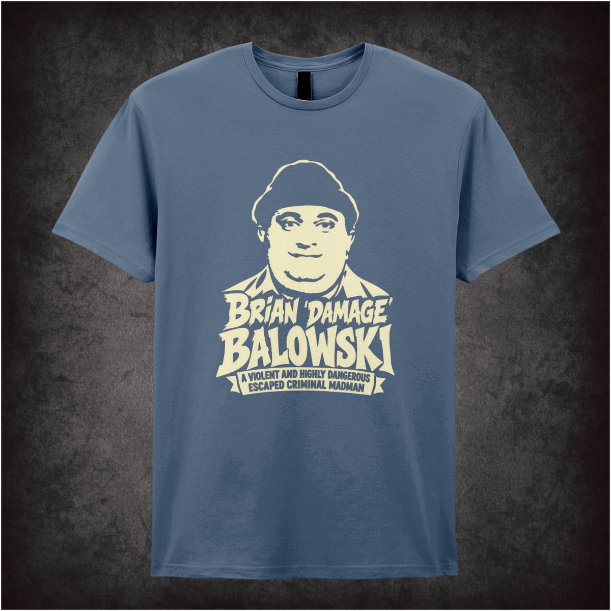 “Brian Damage Balowski” T-shirt in indigo from The Young Ones