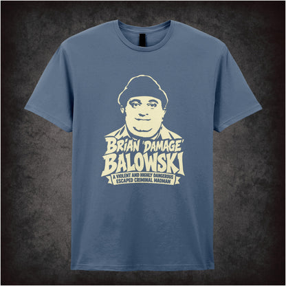 “Brian Damage Balowski” T-shirt in indigo from The Young Ones