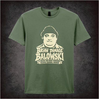 “Brian Damage Balowski” T-shirt in military green from The Young Ones
