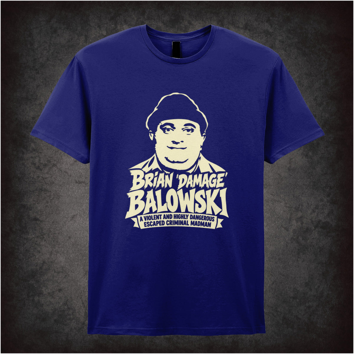 “Brian Damage Balowski” T-shirt in navy from The Young Ones