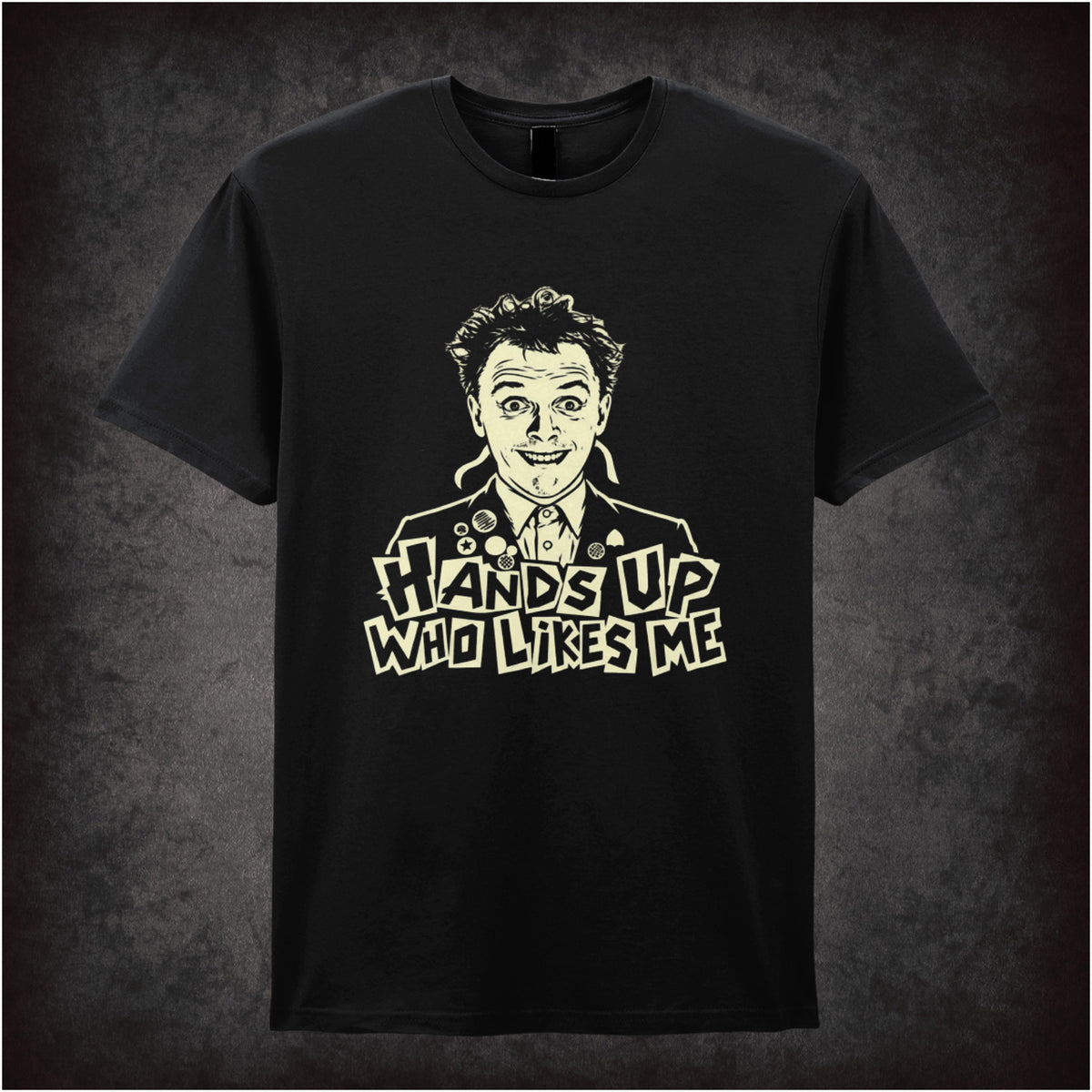 Rick “Hands Up Who Likes Me” T-shirt in black from The Young Ones
