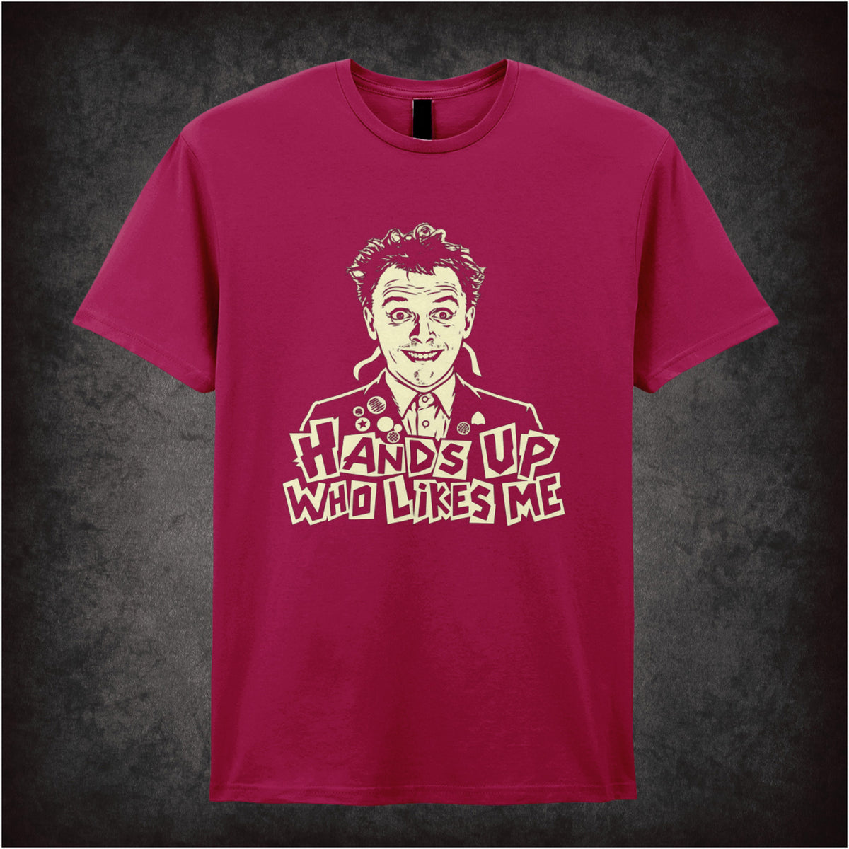 Rick “Hands Up Who Likes Me” T-shirt in cardinal red from The Young Ones