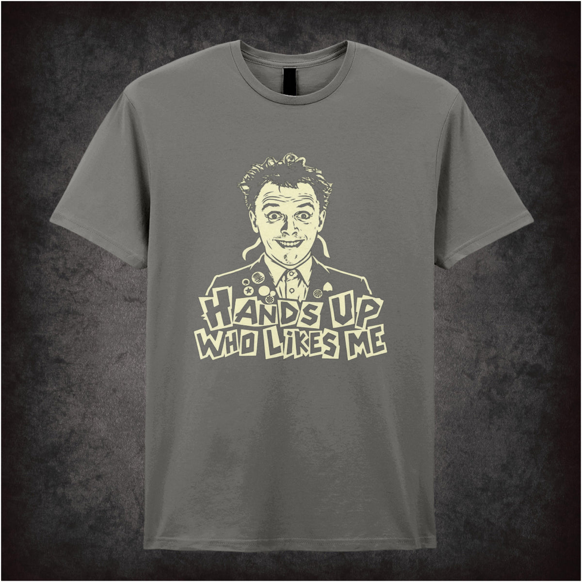 Rick “Hands Up Who Likes Me” T-shirt in charcoal from The Young Ones