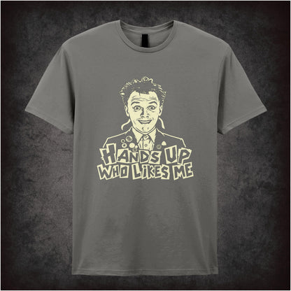 Rick “Hands Up Who Likes Me” T-shirt in charcoal from The Young Ones
