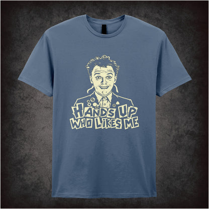 Rick “Hands Up Who Likes Me” T-shirt in indigo from The Young Ones