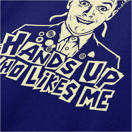 Rick “Hands Up Who Likes Me” close up T-shirt in navy from The Young Ones