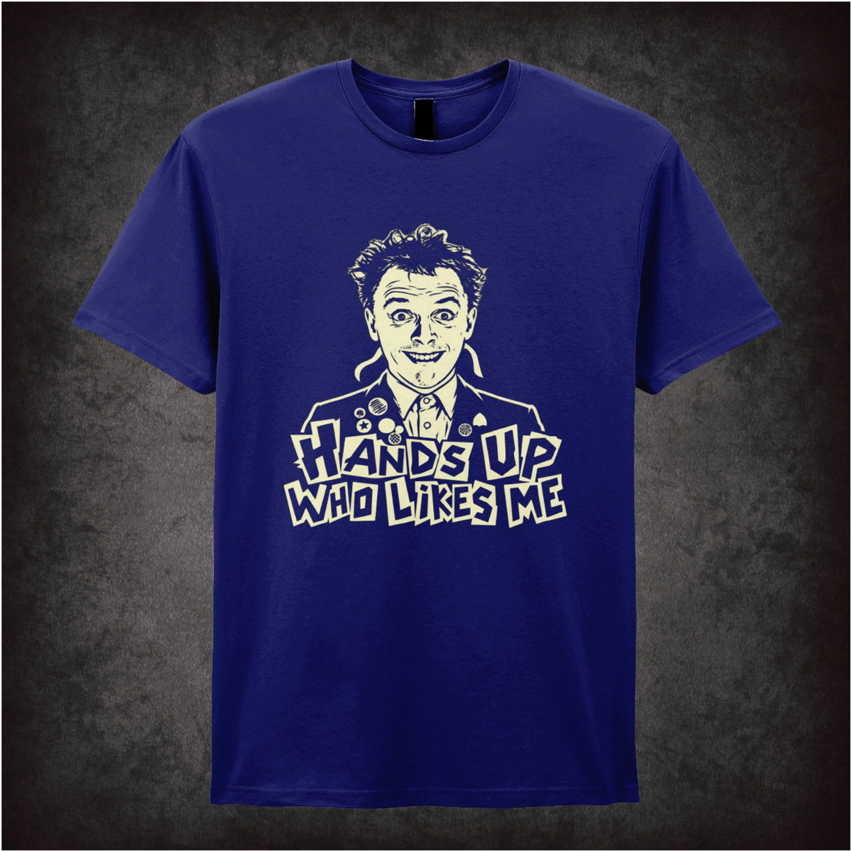 Rick “Hands Up Who Likes Me” T-shirt in navy from The Young Ones