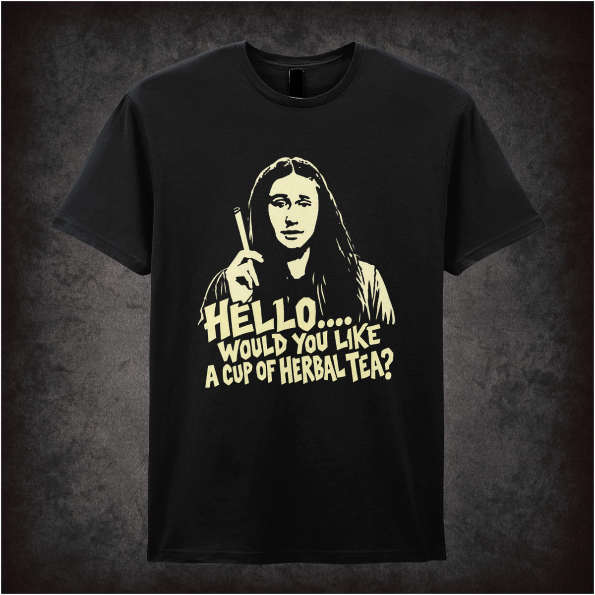 Neil “Hello… Would You Like a Cup of Herbal Tea?” T-shirt in black from The Young Ones