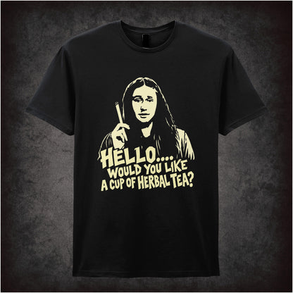 Neil “Hello… Would You Like a Cup of Herbal Tea?” T-shirt in black from The Young Ones